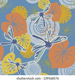 Vector seamless floral pattern. Color background with blue pond, leaves, algae, circles on water, dragonflies. Abstract cute decorative ornamental illustration of water surface for print and web