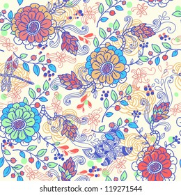 vector seamless floral pattern with colored fantasy flowers