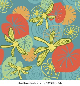 Vector seamless floral pattern. Colorful background with pond, algae and dragonflies. Abstract illustration of  water surface for wallpaper, textile, paper.