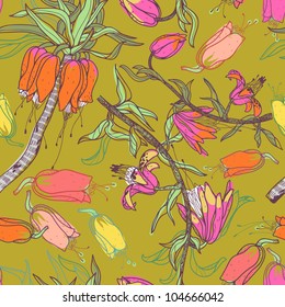 vector seamless floral  pattern with colorful blooming flowers