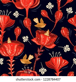 Vector seamless floral pattern. Colorful wallpaper witn flowers, animal,birds. Hand drawn vector illustration for web, wrapping paper, textile, fabric, phone cover