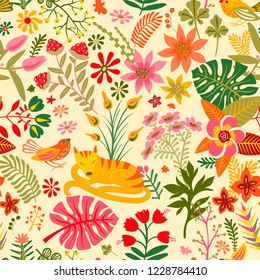 Vector seamless floral pattern. Colorful wallpaper witn flowers, animal,birds. Hand drawn vector illustration for web, wrapping paper, textile, fabric, phone cover