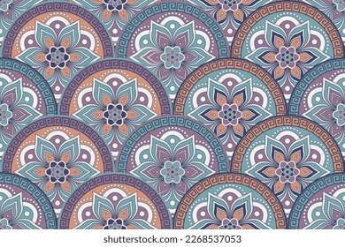 Vector seamless floral pattern with colorful circles  in retro style