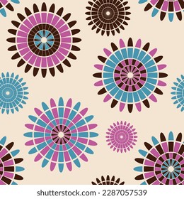 Vector seamless floral pattern with colorful circles  in retro style
