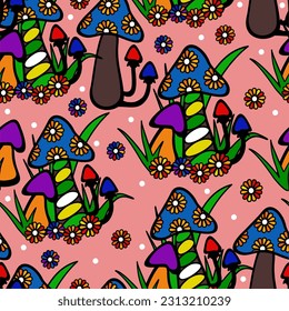 Vector seamless floral pattern with colorful mushrooms, flowers and grass.