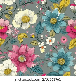 Patrón floral sin fisuras de Vector con flores de colores. Flores, hojas y brotes de estilo vintage romántico sobre un fondo gris. Ilustración botánica ideal para la impresión textil, tela, Fondo de pantalla, envoltura 