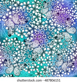 Vector seamless floral pattern with colorful butterflies. Blue flowers on bright background. Vector illustration.