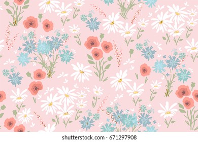 vector seamless floral pattern with colorful flowers - chamomiles, poppy flowers and cornflowers