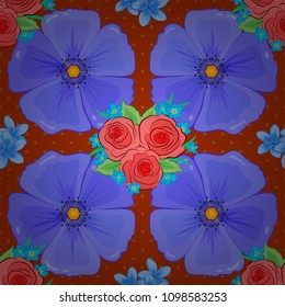 Vector seamless floral pattern with cosmos flowers, leaves, decorative elements, splash, blots and drop in orange, blue and violet colors. Doodle sketch style, hand-drawn illustration.