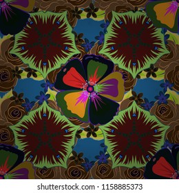 Vector seamless floral pattern with cosmos flowers and leaves in brown, green and blue colors.