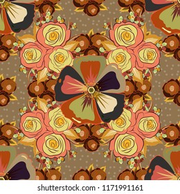 Vector seamless floral pattern with cosmos flowers and leaves in brown, beige and orange colors.