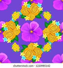 Vector seamless floral pattern with cosmos flowers and leaves in green, violet and yellow colors.