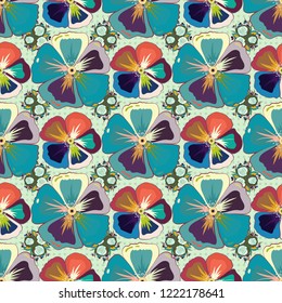 Vector seamless floral pattern with cosmos flowers and leaves in blue, green and gray colors.