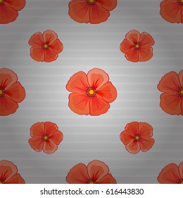 Vector seamless floral pattern with cosmos flowers, leaves, decorative elements, splash, blots and drop on a gray background. Doodle sketch style, hand-drawn illustration.