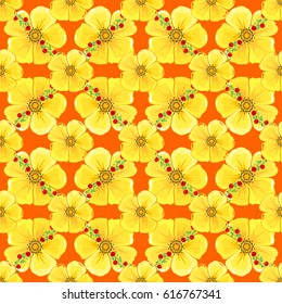 Vector seamless floral pattern with cosmos flowers and leaves on a orange background.