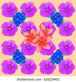 Vector seamless floral pattern with cosmos flowers and leaves on a beige background.