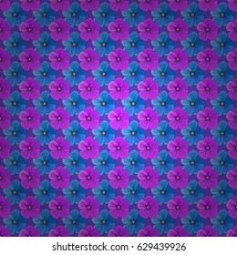 Vector seamless floral pattern with cosmos flowers and leaves on a violet background.