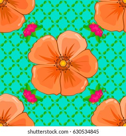 Vector seamless floral pattern with cosmos flowers, leaves, decorative elements, splash, blots and drop on a blue background. Doodle sketch style, hand-drawn illustration.