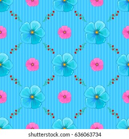 Vector seamless floral pattern with cosmos flowers and leaves on a blue background.