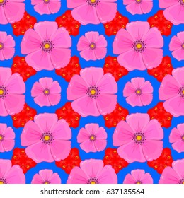Vector seamless floral pattern with cosmos flowers and leaves on a blue background.