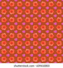 Vector seamless floral pattern with cosmos flowers, leaves, decorative elements, splash, blots and drop on a brown background. Doodle sketch style, hand-drawn illustration.