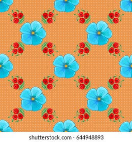 Vector seamless floral pattern with cosmos flowers, leaves, decorative elements, splash, blots and drop on a brown background. Doodle sketch style, hand-drawn illustration.