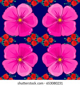 Vector seamless floral pattern with cosmos flowers, leaves, decorative elements, splash, blots and drop on a blue background. Doodle sketch style, hand-drawn illustration.