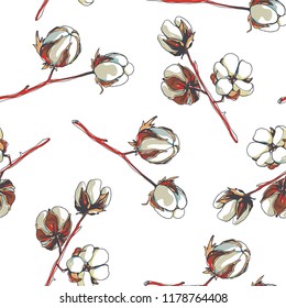 Vector seamless floral pattern with cotton branches isolated on white. Hand drawn botanical texture