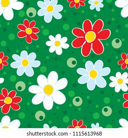 vector seamless floral pattern in country style. red, white and blue flowers on the green meadow.