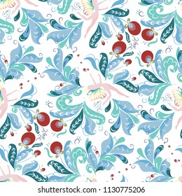 Vector seamless floral pattern with cute flying fairies