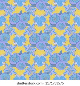 Vector seamless floral pattern. Cute seamless pattern in small rose flowers. Small blue, yellow and gray rose flowers.