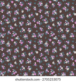 Vector seamless floral pattern. Cute pattern in small flowers. Small white, pink, lilac daisy flowers. Brown background. Ditsy floral background. Trendy Easter template for fashion textile prints.