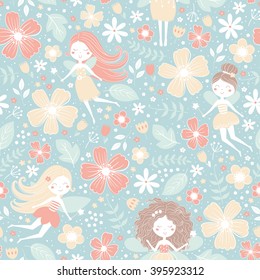 Vector seamless floral pattern with cute fairies