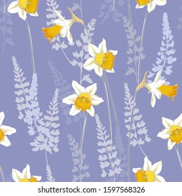 Vector seamless floral pattern. Daffodils and lavender in a delicate pattern of flowers