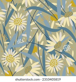 Vector seamless floral pattern with daisies, petals and leaves on olive background.