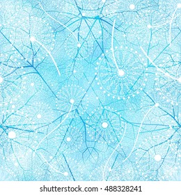 Vector seamless floral pattern with dandelion flowers. Blue and white background.