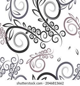 Vector seamless floral pattern with decorative leaves and pink abstract curls for textile design, fabric, scarves, shawl, hijab, wrapping paper