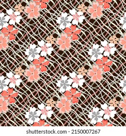 Vector seamless floral pattern of decorative flowers scattered on the surface from intersecting wavy diagonal lines, dark brown background.

