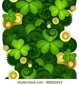 Vector Seamless Floral Pattern with Decorative Clover and Gold Coins. Hand Drawn Saint Patrick's Day Holiday Texture. Colorful Paisley Garden Style
