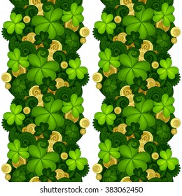 Vector Seamless Floral Pattern with Decorative Clover and Gold Coins. Hand Drawn Saint Patrick's Day Holiday Texture. Colorful Paisley Garden Style