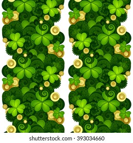 Vector Seamless Floral Pattern with Decorative Clover and Gold Coins. Hand Drawn Saint Patrick's Day Holiday Texture. Colorful Paisley Garden Style