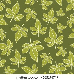 Vector seamless floral pattern with decorative green leaves on a green background. Wallpaper, textile, tissue, background. Vector illustration.