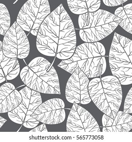 Vector seamless floral pattern with decorative white leaves on a gray background. Wallpaper, textile, tissue, background. Vector illustration.