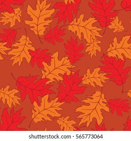 Vector seamless floral pattern with decorative red and orange leaves on a brown background. Wallpaper, textile, tissue, background. Vector illustration.