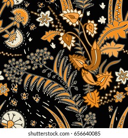 Vector sin fisuras con plantas decorativas. Fondo negro y flores amarillas de contraste. Delfines y abejas decorativos