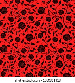 Vector Seamless floral pattern design hand drawn: Black roses with buds and leaves on a red background
