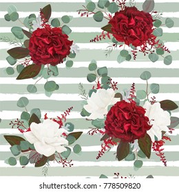 Vector Seamless floral pattern design drawn in watercolor style: garden white, burgundy red Rose flower, seeded Eucalyptus branch, greenery leaves. Bohemian romantic print on  stripped blue background