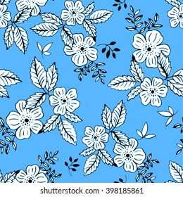 vector seamless floral pattern. ditsy small flowers, spacious blue background. ink illustration. 