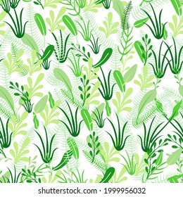 Vector seamless floral pattern, doodle drawn plants, green background template.