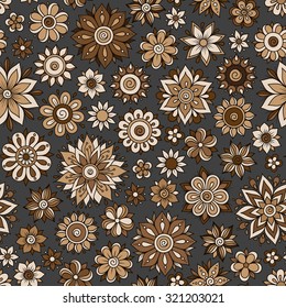 Vector seamless floral pattern in doodle style with flowers and leaves 